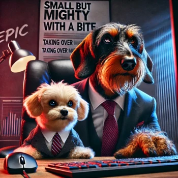 DALL·E 2024-07-24 13.22.38 - An epic and vibrant 1_1 image for a website's campaign conception page with a darker theme. Depict a determined Maltese and a spirited wire-haired Dac