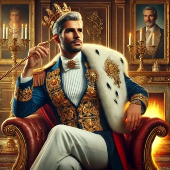 DALL·E 2024-07-19 13.55.15 - An Old Spice advertisement featuring a Marketing Chief from Krawall&Krone, royal and extroverted, without the product visible. The character should ex