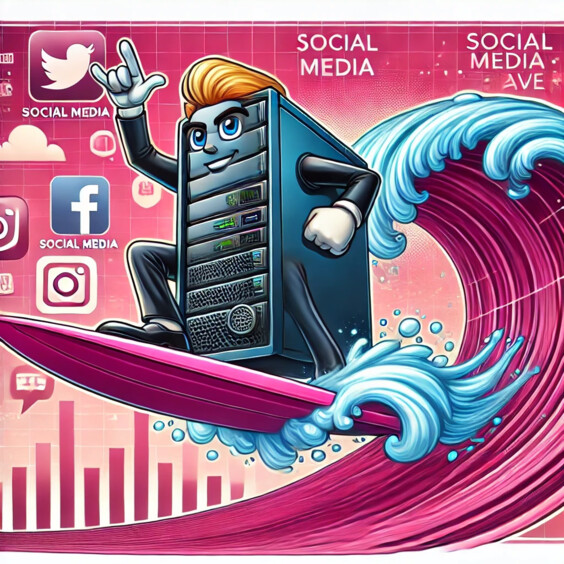 DALL·E 2024-07-19 15.25.09 - A server riding a social media wave, with the wave being pink. The server should be depicted as a computer server with anthropomorphic features, such 